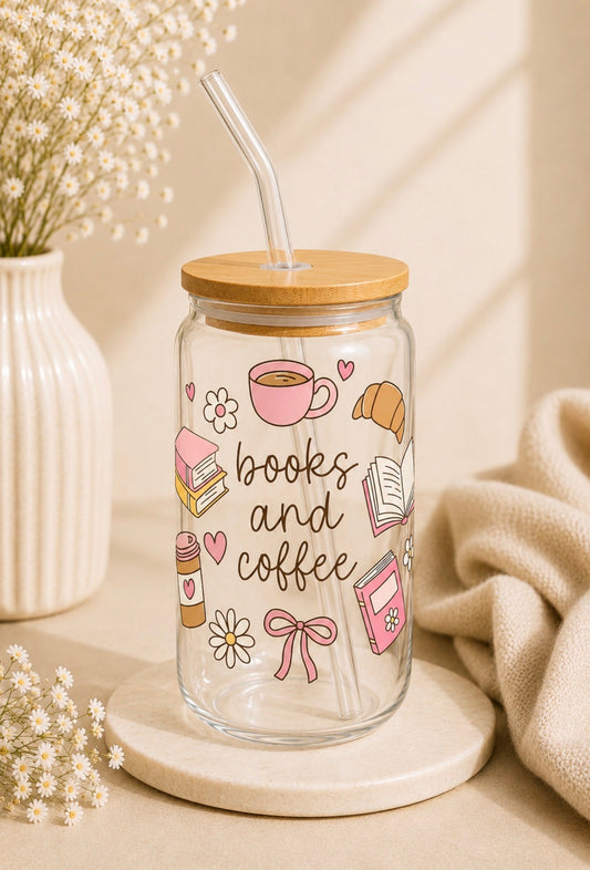 Books And Coffee 16oz Glass Cup