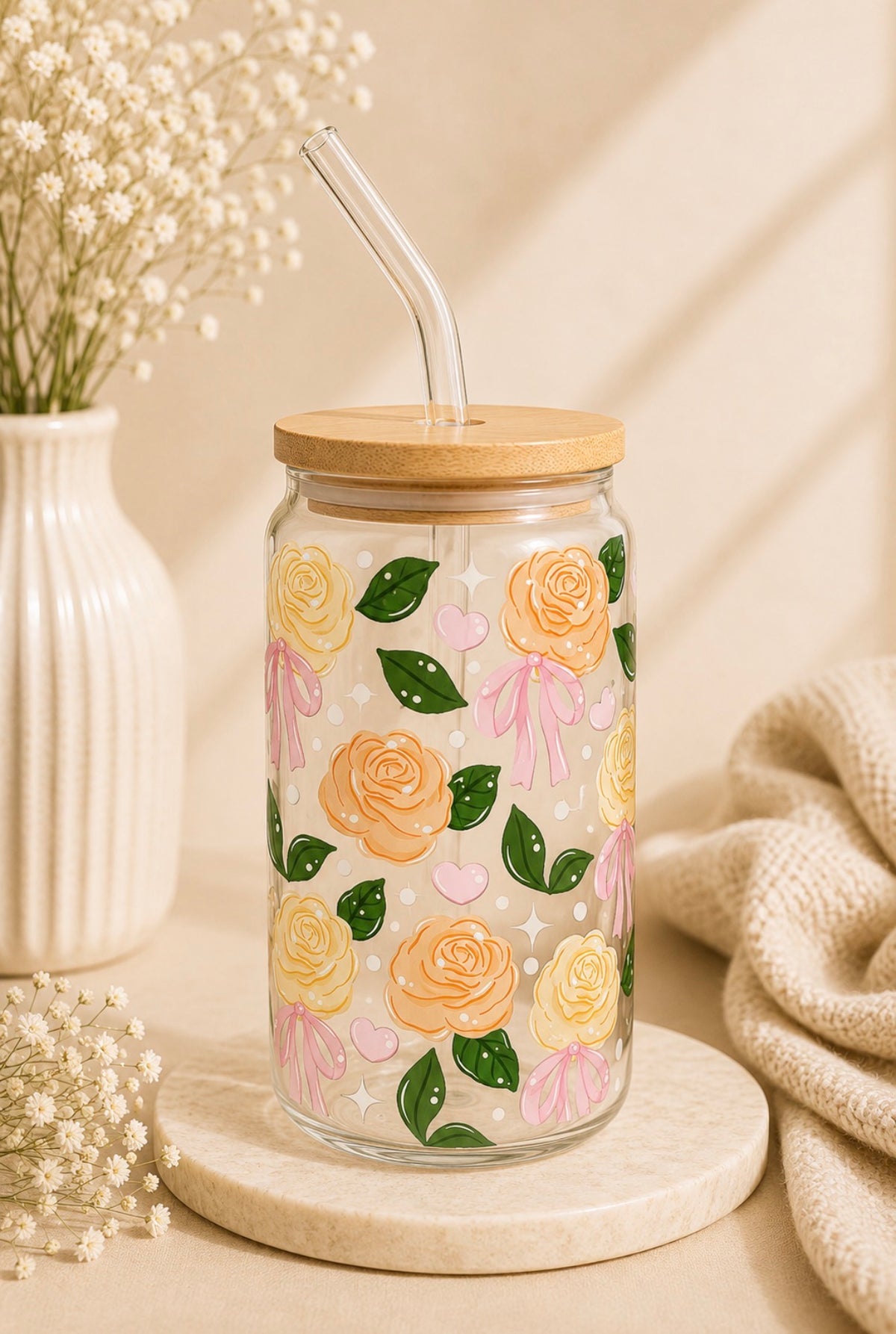 Neutral Roses 16oz Glass Cup