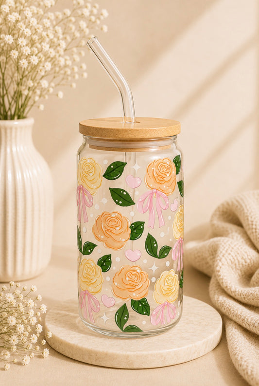 Neutral Roses 16oz Glass Cup