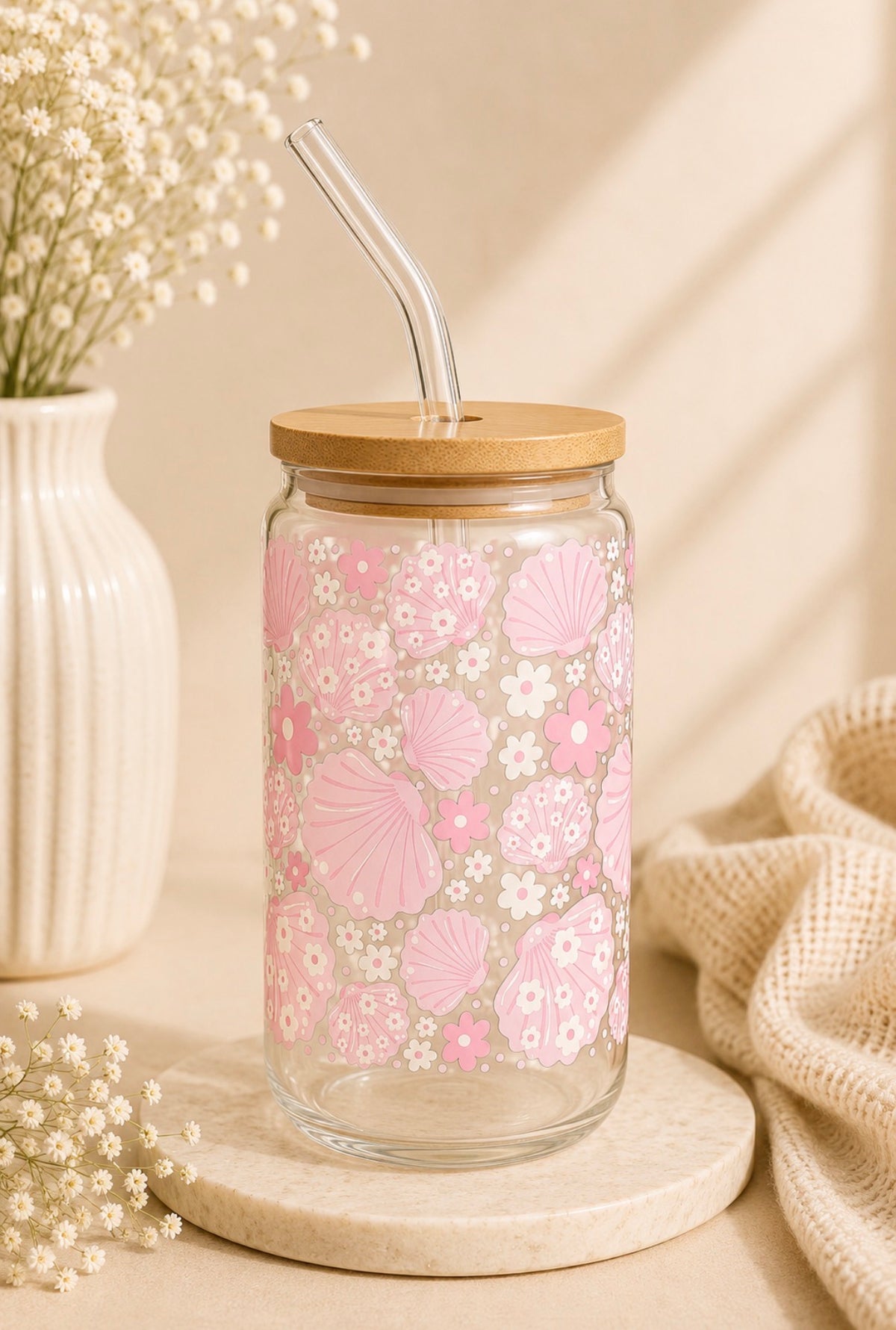 Pink Shells 16oz Glass Cup