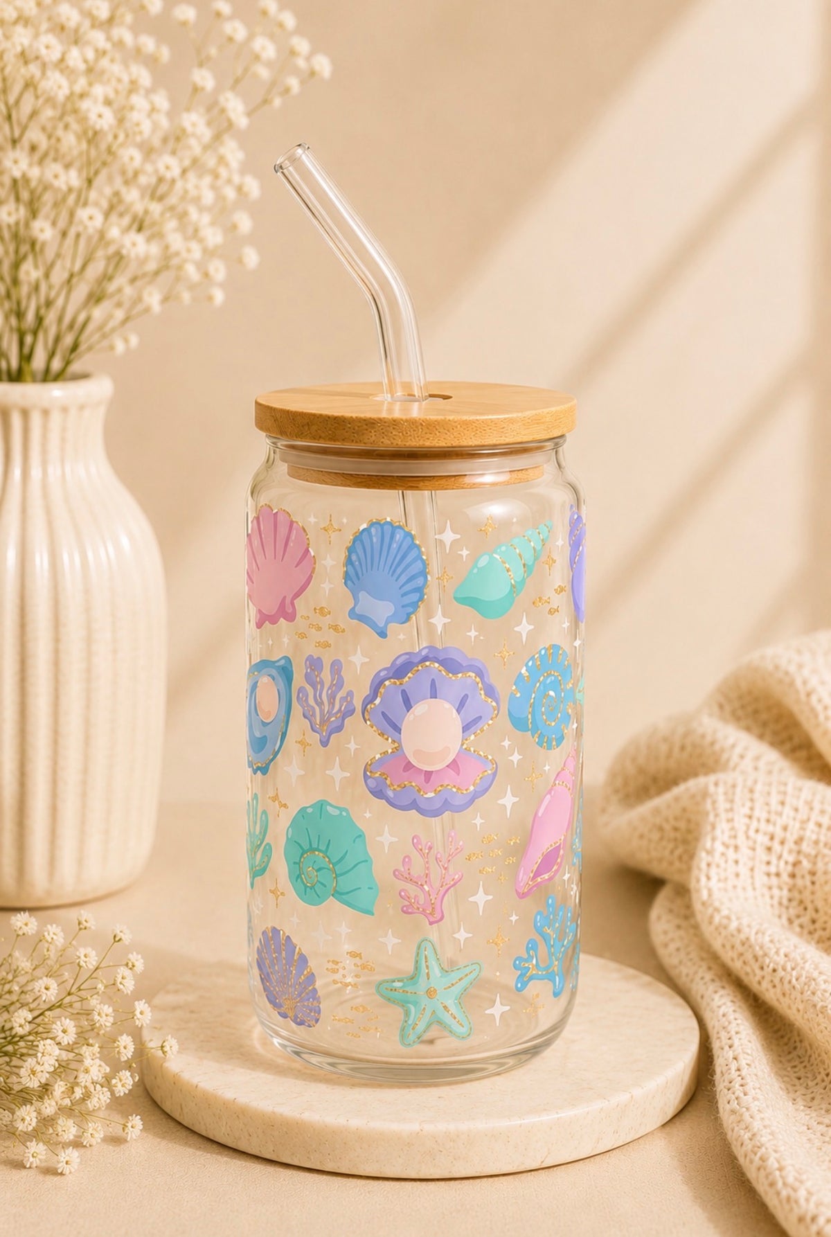 Sparkle Shells 16oz Glass Cup