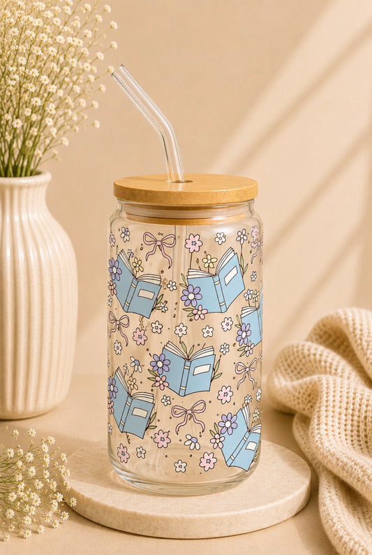 Floral Blue Book 16oz Glass Cup