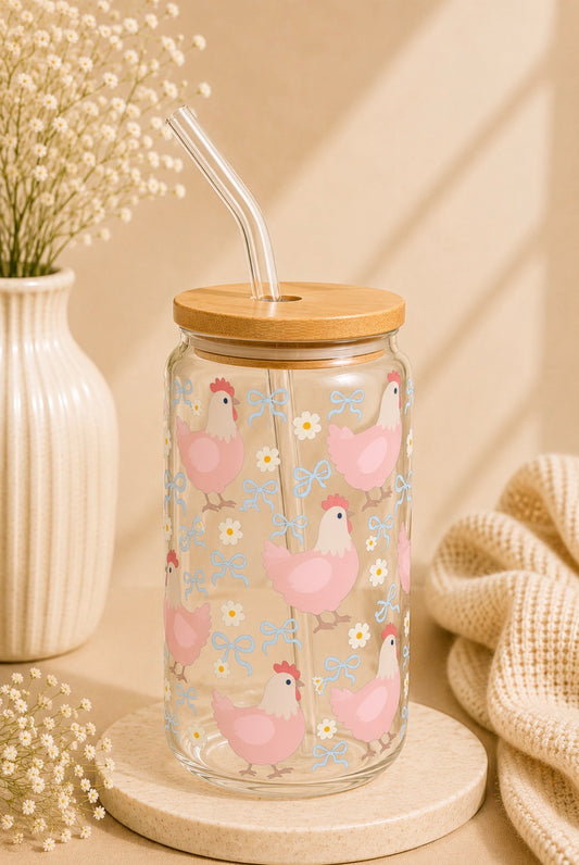 Cute Pink Hen 16oz Glass Cup