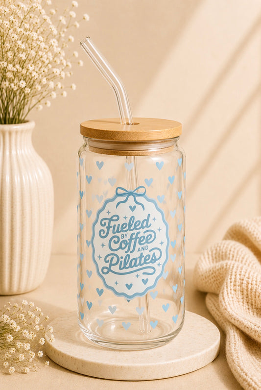 Fueled By Coffee And Pilates 16oz Glass Cup